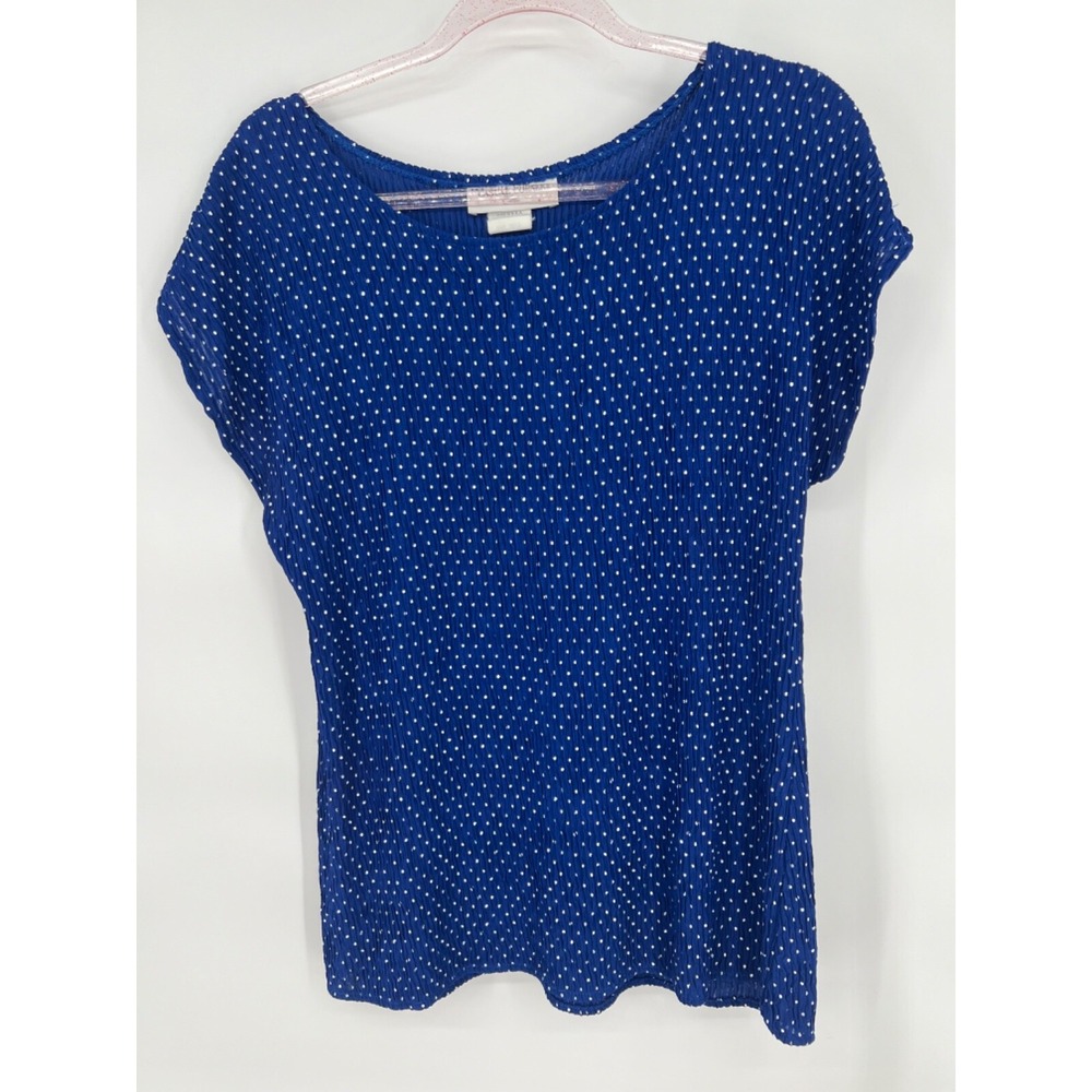 Casual Corner Blue White Polka Dots Short Sleeve Top Womens Sz Medium Vintage